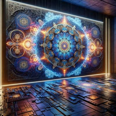 The primary subject of the image is a large, colorful, and intricate mosaic or painting on a wall. The setting is a room with a blue background, which adds to the overall atmosphere. The visual style is a combination of digital art and illustration, creating a unique and captivating display. The colors and mood of the image are vibrant and lively, with a focus on the blue and purple hues that complement the artwork.